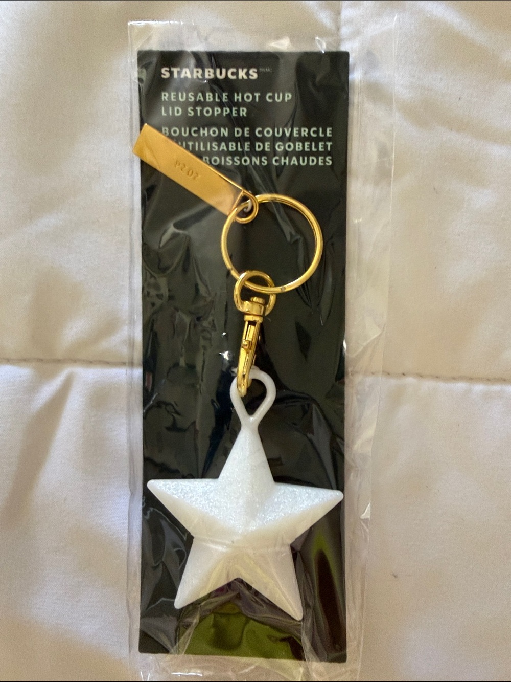 Starbucks White Star Lid Stopper Keyring with Gold Hardware